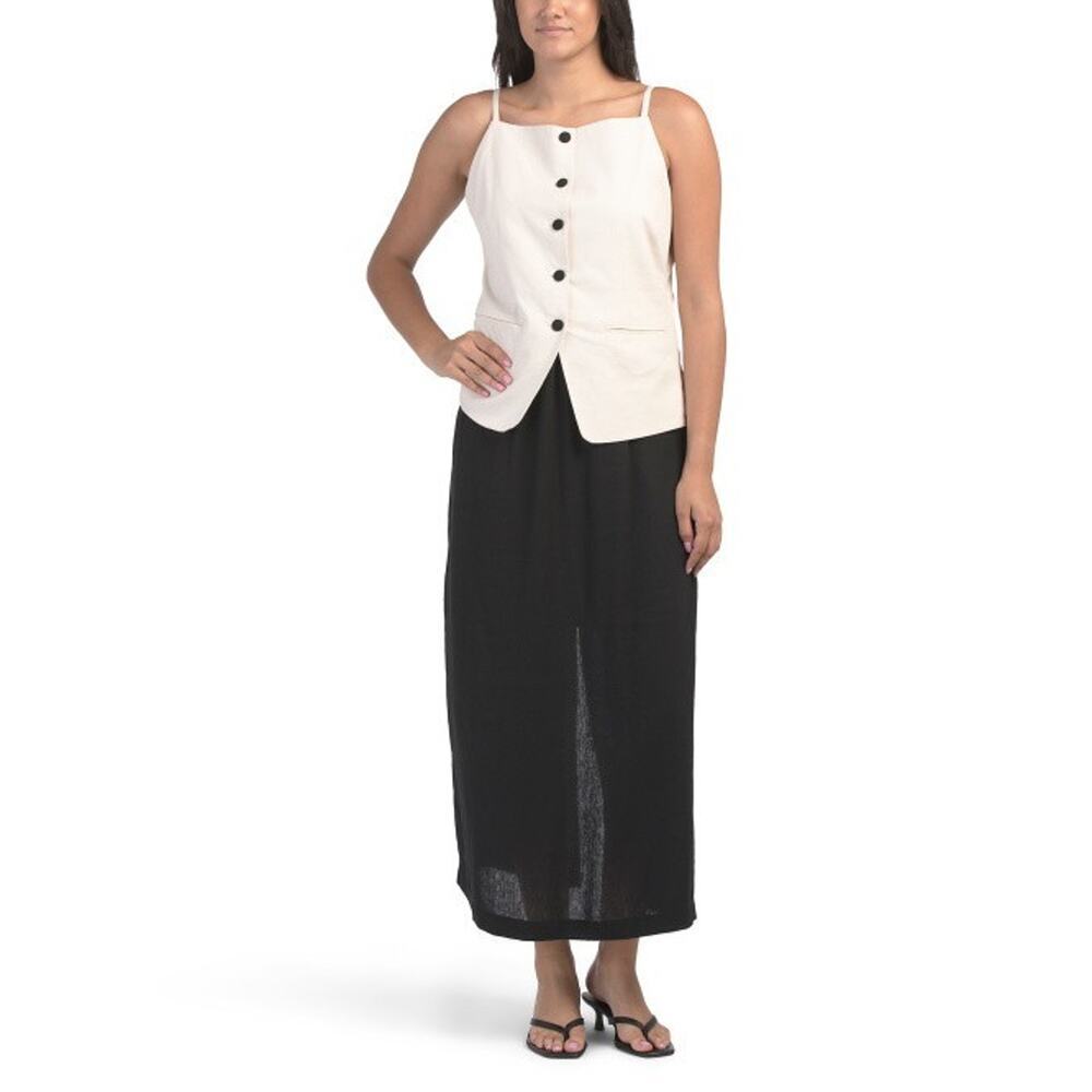 Nicole Miller Linen Blend Button Front Vest Dress New Size Medium Beige Black
